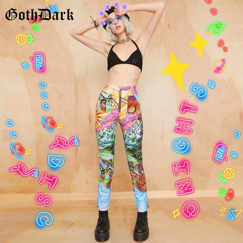 

Goth Dark Fake Zipper Gothic Print High Waist Slim Hot Female Trousers Summer Fashion 2020 Streetwear Girls Harajuku Lady Pants