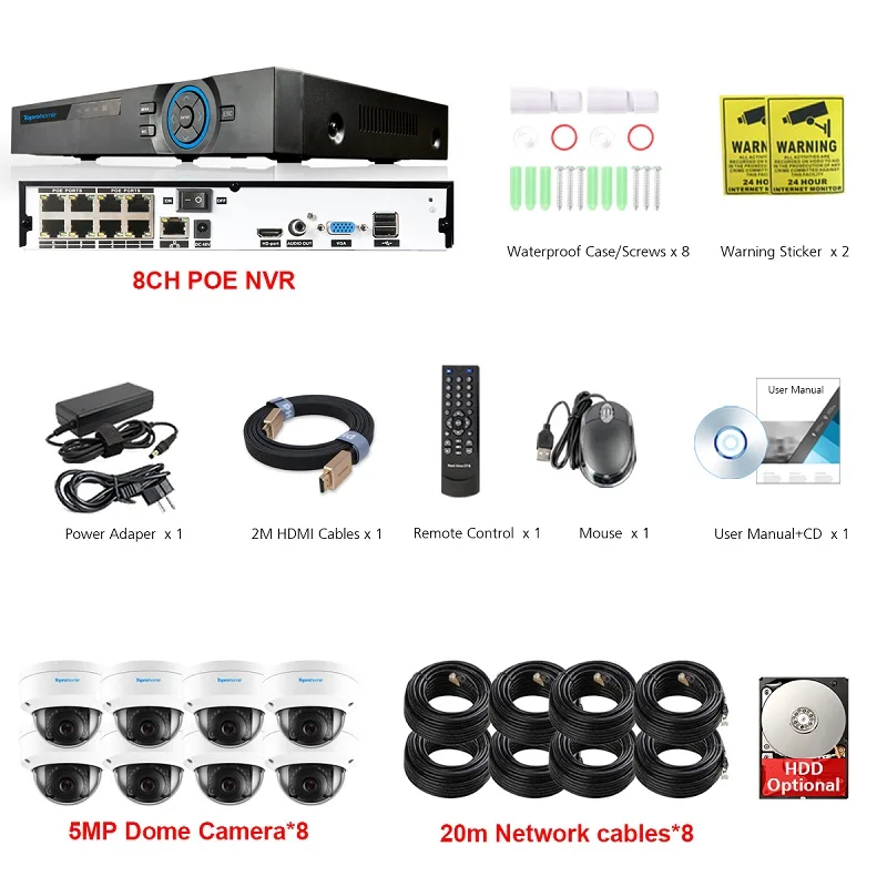 8 Camera with Cables Toprohomie H.265+ 8CH POE IP CCTV Системы 48V 5MP безопасности камера Аудио запись POE IP Камера ночного видения Камеры скрытого видеонаблюдения - Цвет: 8 Camera with Cables
