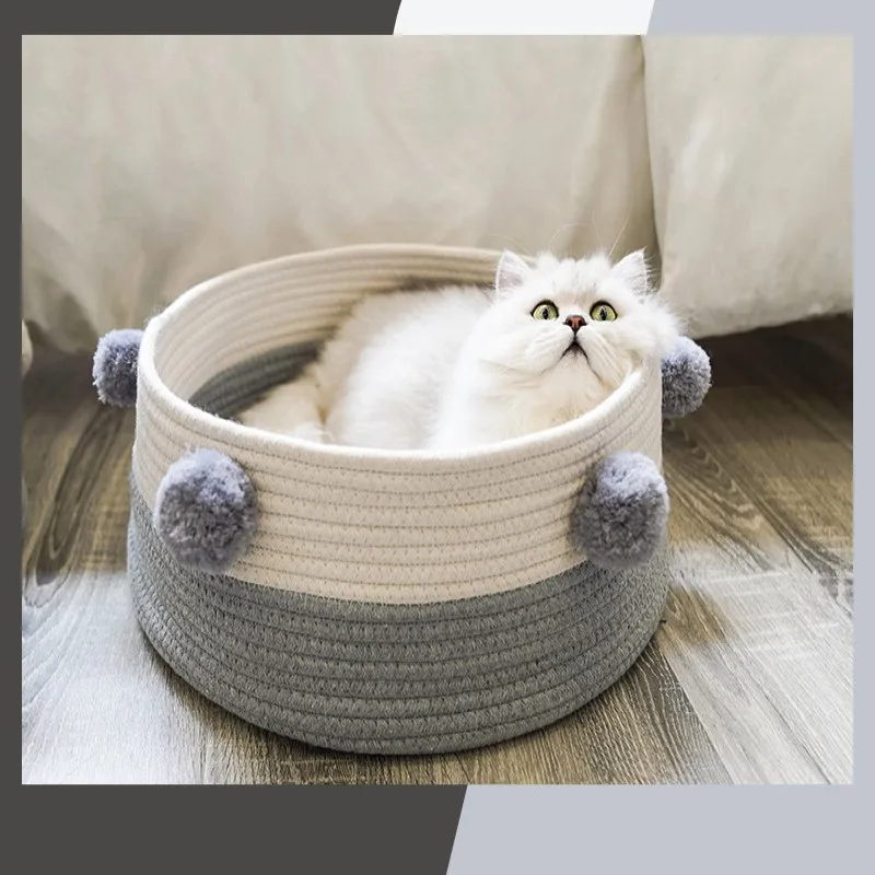 

Comfortable Breathable Cat Bed Cotton Rope Woven Round Cat Bed Basket Pet Sleeping Mat Portable Mini Cat House Nest