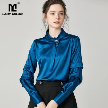 

100% Pure Silk Women's Runway Shirts Ruched Long Sleeves O Neck High Street Fashion Blouse Shirt Tops