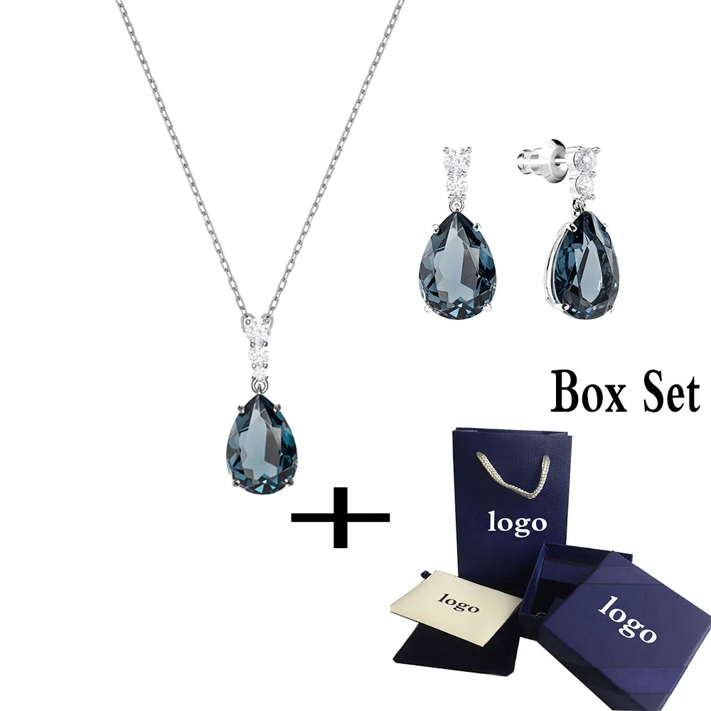 

2019 Classic Generous New VINTAGE SET Shiny Exquisite Cyan Crystal Drop Female Clavicle Necklace Set Romantic Jewelry Best Gift