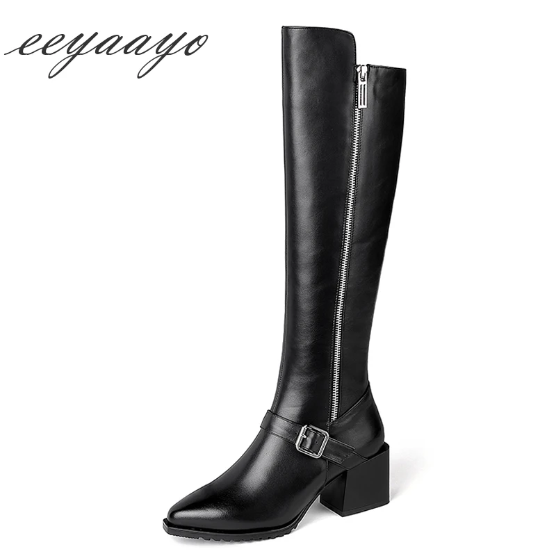 New Genuine Leather Winter Women Knee-High Boots High Heel Pointed Toe Buckle Zipper Fashion Women Shoes Black High Boots