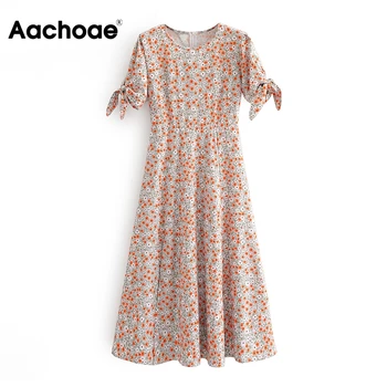 

Women Vintage O Neck Midi Dress Summer Floral Print Boho Split Dress Bow Tie Short Sleeve Beach Casual Dresses Sundress 2020