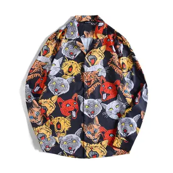 

Men Loose Hawaiian Shirt Retro Cat Print Long Sleeve Sunscreen shirt 2019 Oversize camisa masculina Male chemise homme