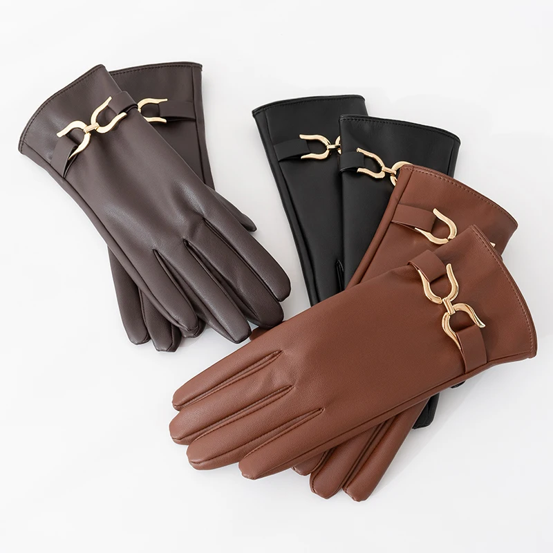 New Fashon Mittens Women's Winter Pu Leather Warm Windproof Gold Metal Touch Screen Driving