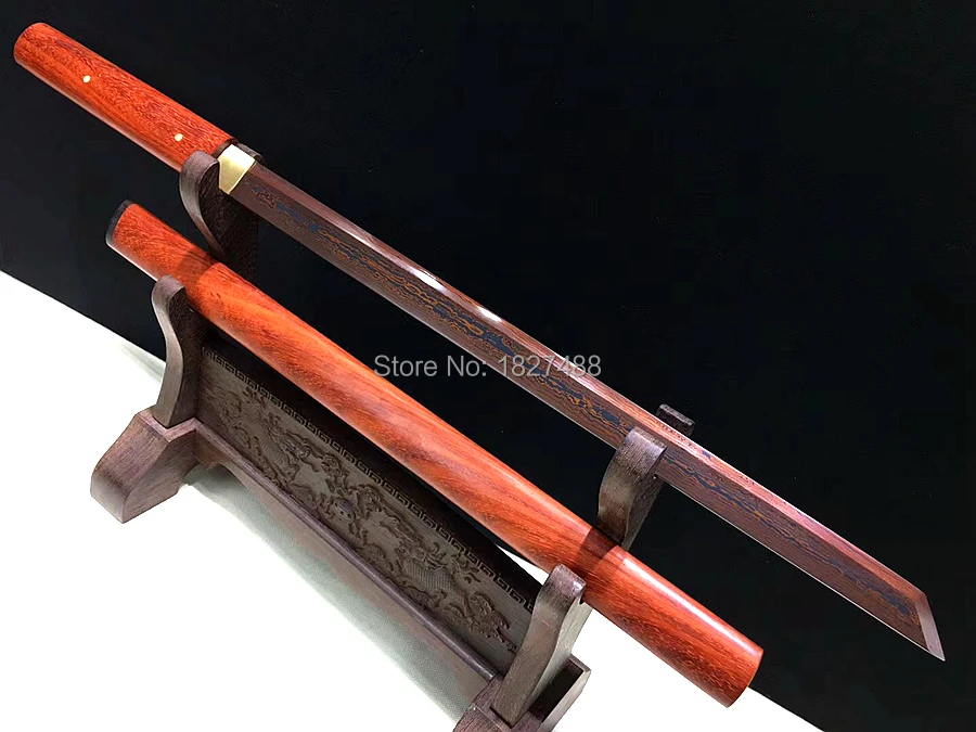 Red Wood Saya Japanese Straight Dao Sword Samurai Katana Red Damascus Steel Sharp Ninja Wakizashi Knife Saber