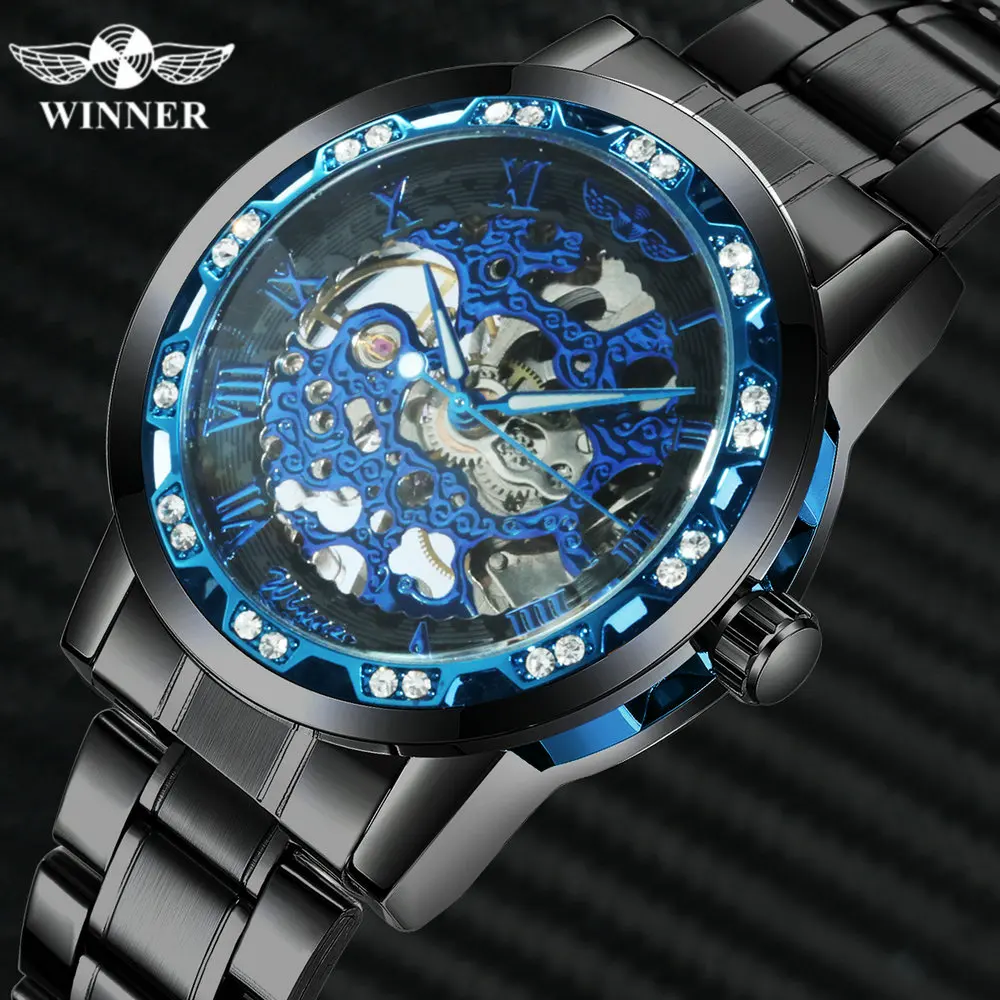 WINNER классические деловые механические часы для мужчин Скелет Iced Out мужские s часы лучший бренд класса люкс синий циферблат металлический ремешок наручные часы