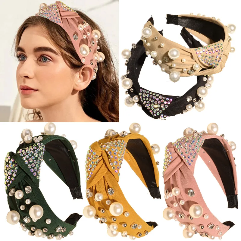 

Fashion Women Hair Accessories Wide Side Headband Mix Pearls Baroque Hairband for Adult Center Knot Headwear