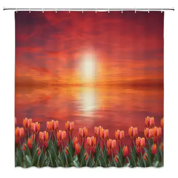

Flower Shower Curtain Decor Tulip Garden and Sunset Reflecting in The Lake Water Orange Dramatic Sky Oil Painting Effect Fabric