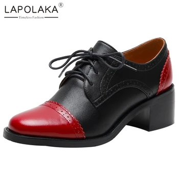 

Lapolaka New Arrivals Cow Leather British Style Mix Color Shoes Woman Pumps Female Lace Up Chunky Heels Office Lady Pumps