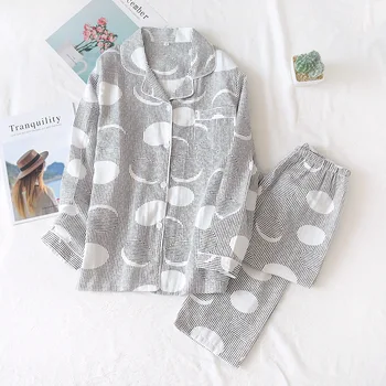 

Women's Cotton Pajamas Spring Double Layer Gauze Pyjama Long Sleeve Pants Thin Pijama Mujer Striped Sleepwear 2 Piece Women Wear