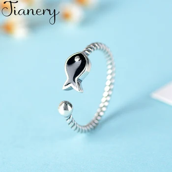 

JIANERY Punk Vintage 925 Sterling Silver Black Fish Rings For Women Men Engagement Rings Girls Party Gifts Anillos 2019