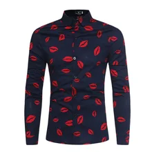 Men Lips Printed Shirt Autumn Male Fashion Long Sleeve Business Open Stitch Turn-down Collar Casual Linen Men Shirts