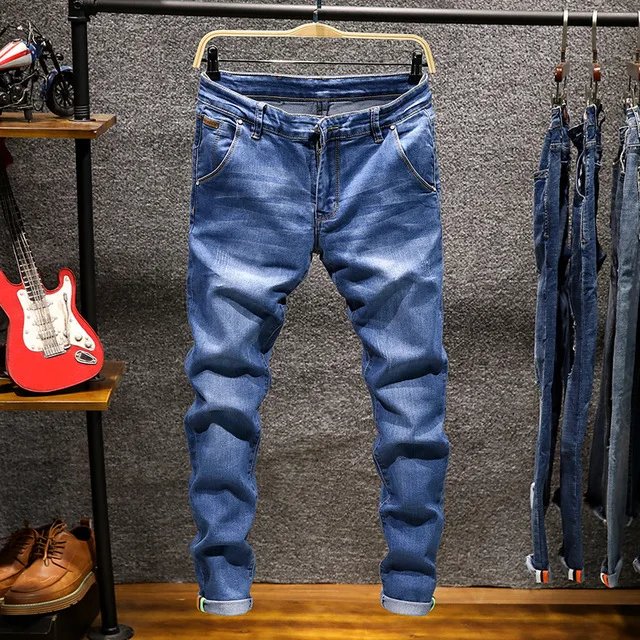 ICPANS обтягивающие джинсы для мужчин, черные, синие, зеленые Стрейчевые узкие джинсовые штаны, мужские утепленные зимние мужские джинсы, новинка, винтажные - Цвет: Y809 light blue