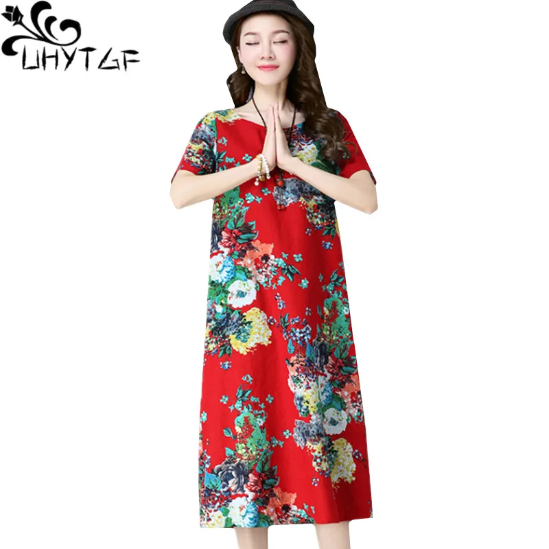 

UHYTGF Dress Women Fashion Printed Summer Dress Short-sleeved O Neck Pullover Elegant Dress Loose 5XL Big Size Dress Female 891