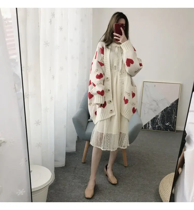 Кардиганы женские красные с принтом Kawaii однобортные свободные 2XL корейский стиль Harajuku шикарная женская одежда вязаный свитер Повседневный