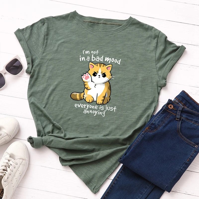 Женские футболки хлопок плюс размер Graphic Графический футболки женские рубашки летние топы сердитый кот принт забавная футболка одежда - Цвет: Армейский зеленый