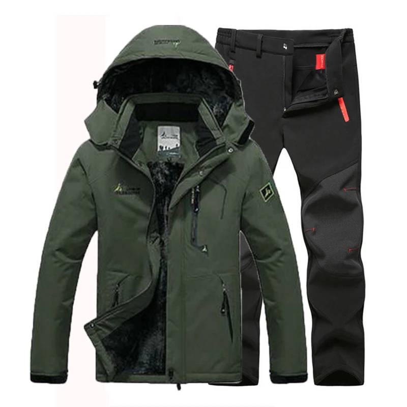 Olive Black Suit Негабаритный мужской зимний меховой теплый рыбацкий военно-спортивный для походов и пешего туризма, лыжные куртки, уличные флисовые штаны, костюм спортивный водонепроницаемый - Цвет: Olive Black Suit