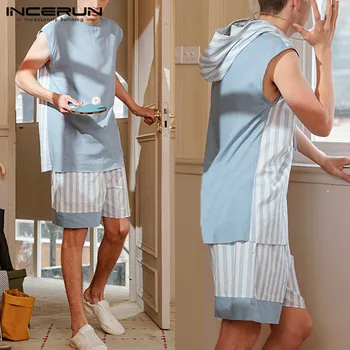 

Summer Fashion Men Striped Pajamas Sets Breathable Hooded Sleeveless Tops Shorts Loungewear Sets 2020 Bodybuilding Suit INCERUN