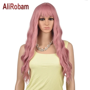 

AliRobam Water Wave Wigs With Bangs Long Length Pink Wig In Synthetic Cosplay wigs For White/Black Women Heat Resistant Fiber