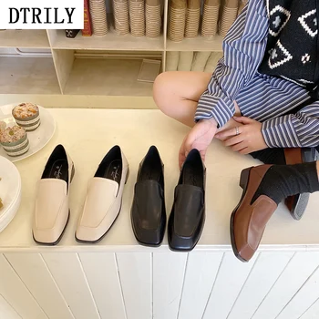 

Chunky Heels Oxfords Women Casual Square Toe Loafers Shallow Leather Shoes Slip on Pump Comfortable Designer Zapatos De Mujer