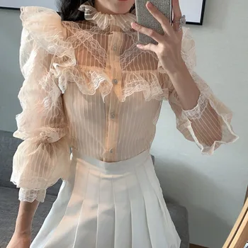 

HIGH QUALITY Newest Fashion 2020 Runway Lace top Women's Ruffled collar Petal Sleeve Ruffles Lace Mesh striped shirt top