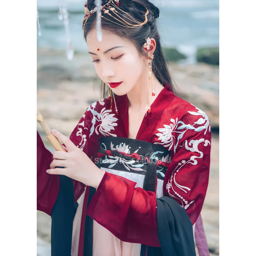 Китайская традиционная одежда Hanfu платье для женщин древняя народная танцевальная сценическая Цветочная вышитая Феи градиентная юбка
