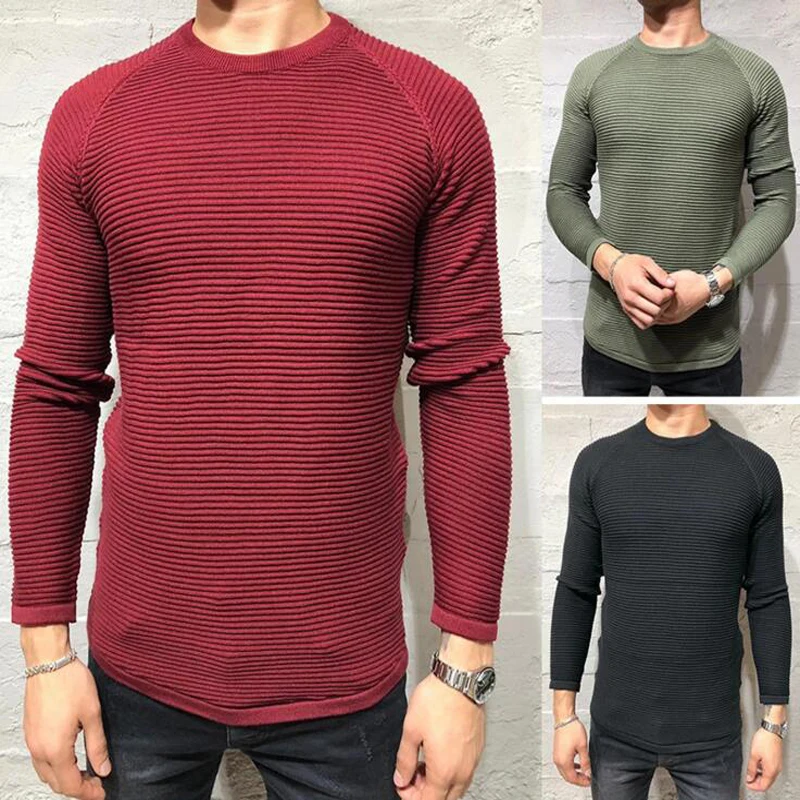 Волнистый свитер Повседневное Slim fit пуловер осень вязаный, с круглым вырезом в полоску, со вставками, на зиму, теплые классический свитер