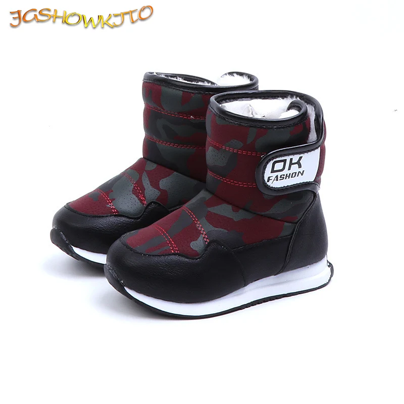 

JGSHOWKITO Kids Snow Boots Boys Girls Cotton Boots Winter Fashion Waterproof Thick Cotton Children Boots Medium High Leather