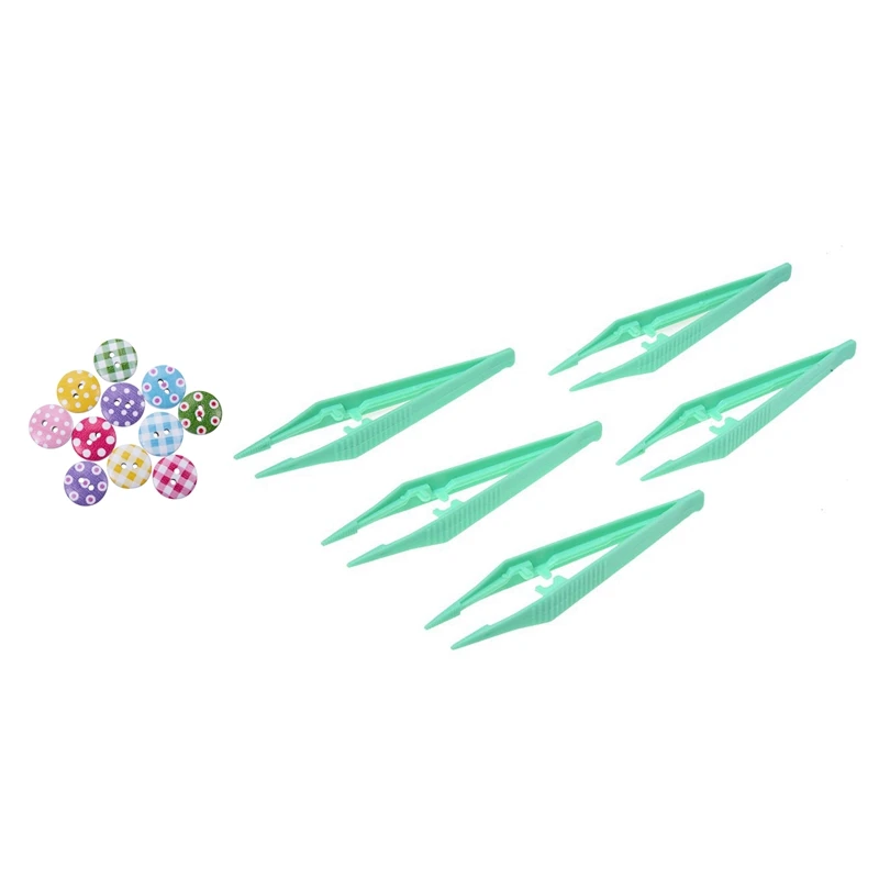 

100Pcs Mixed Wooden Buttons for Crafts Button Painting Round Buttons & 5Pcs 12cm Plastic Clip Tweezer for Feeding Reptiles