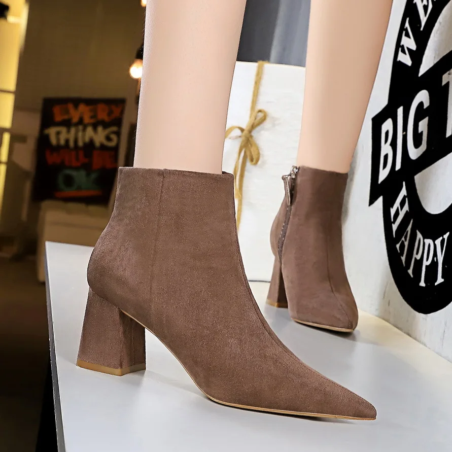 

Ankle Boots Woman shoes Zip pointed Toe Boot flock High Heels boot ladies winter booties black khaki fashion Zapatos De Mujer