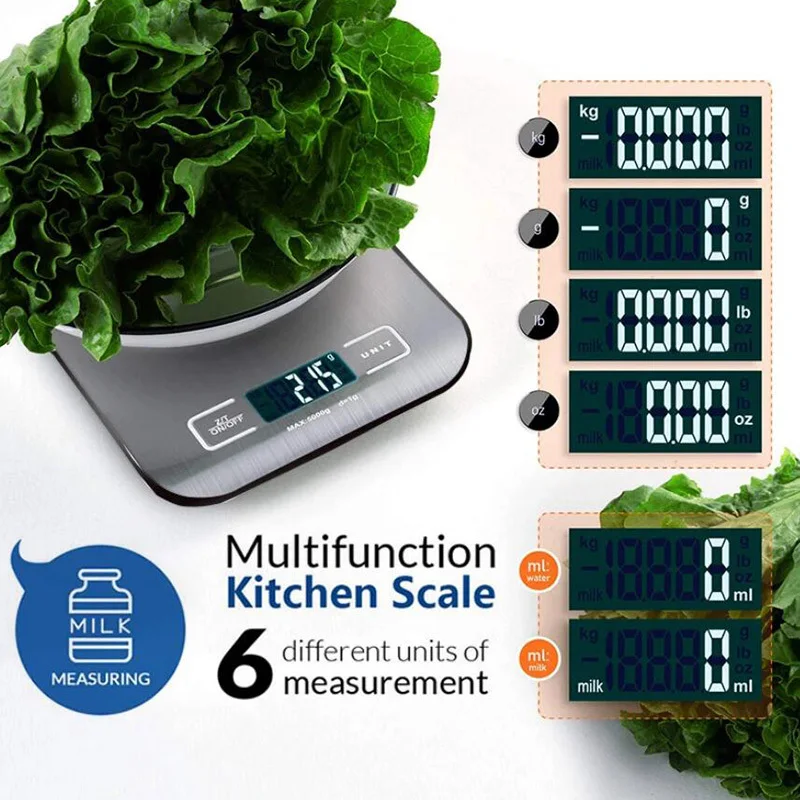11 LB/5KG Digital Kitchen Scale Electronic Food Scales Measuring Tools LCD Display & Stainless Steel Platform Baking Accessories