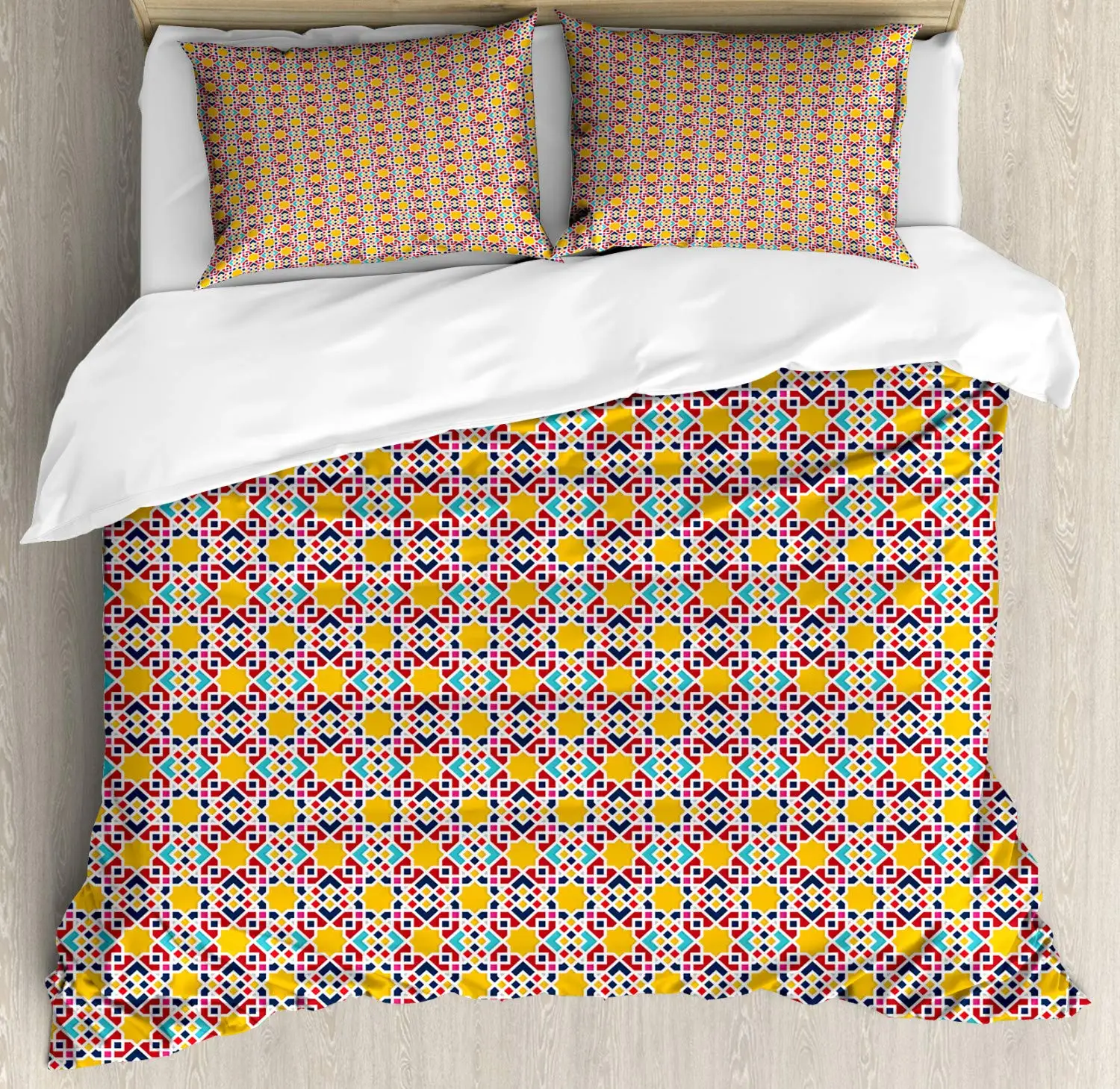 Moroccan Duvet Cover Set Continuous Modernized Traditional 3 Piece Bedding Earth Yellow Hot Pink Deep Sky Blue Dark Violet |