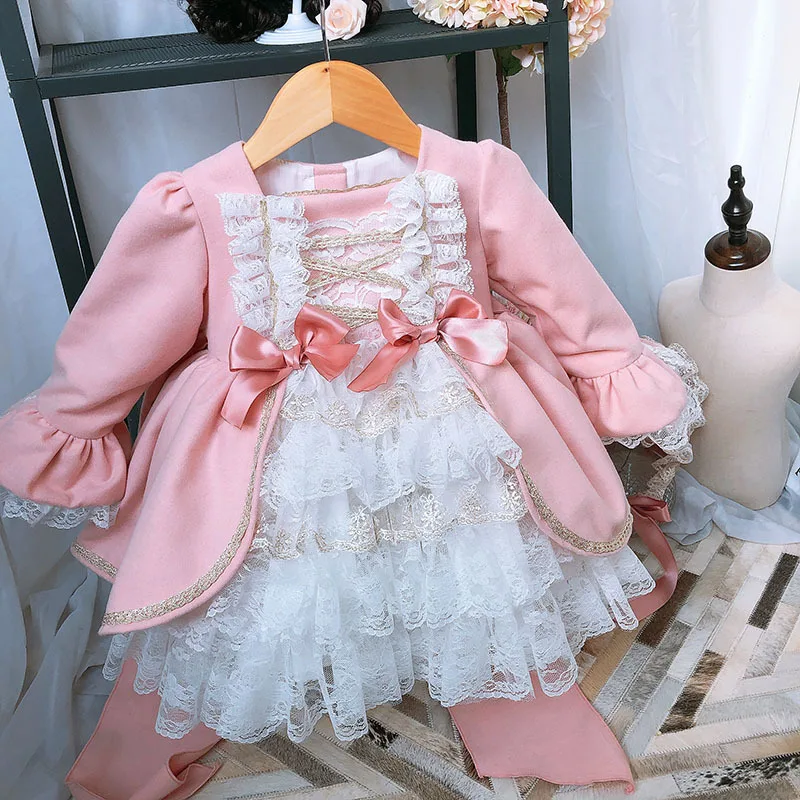 Кружевные платья-пачки для девочек; детские шерстяные вечерние платья принцессы с бантом; осеннее детское винтажное испанское платье в стиле Лолиты