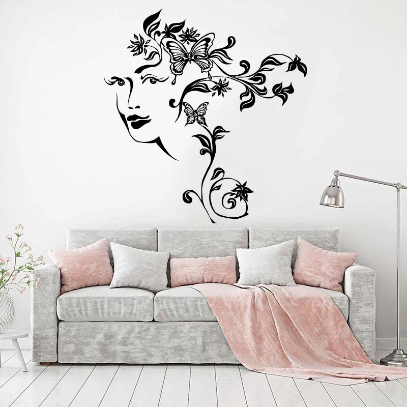 Modern Flower Nature Abstract Woman Face Wall Sticker Girl Room Bedroom Flora Girl Face Wall Decal Living Room Vinyl Decor (2)