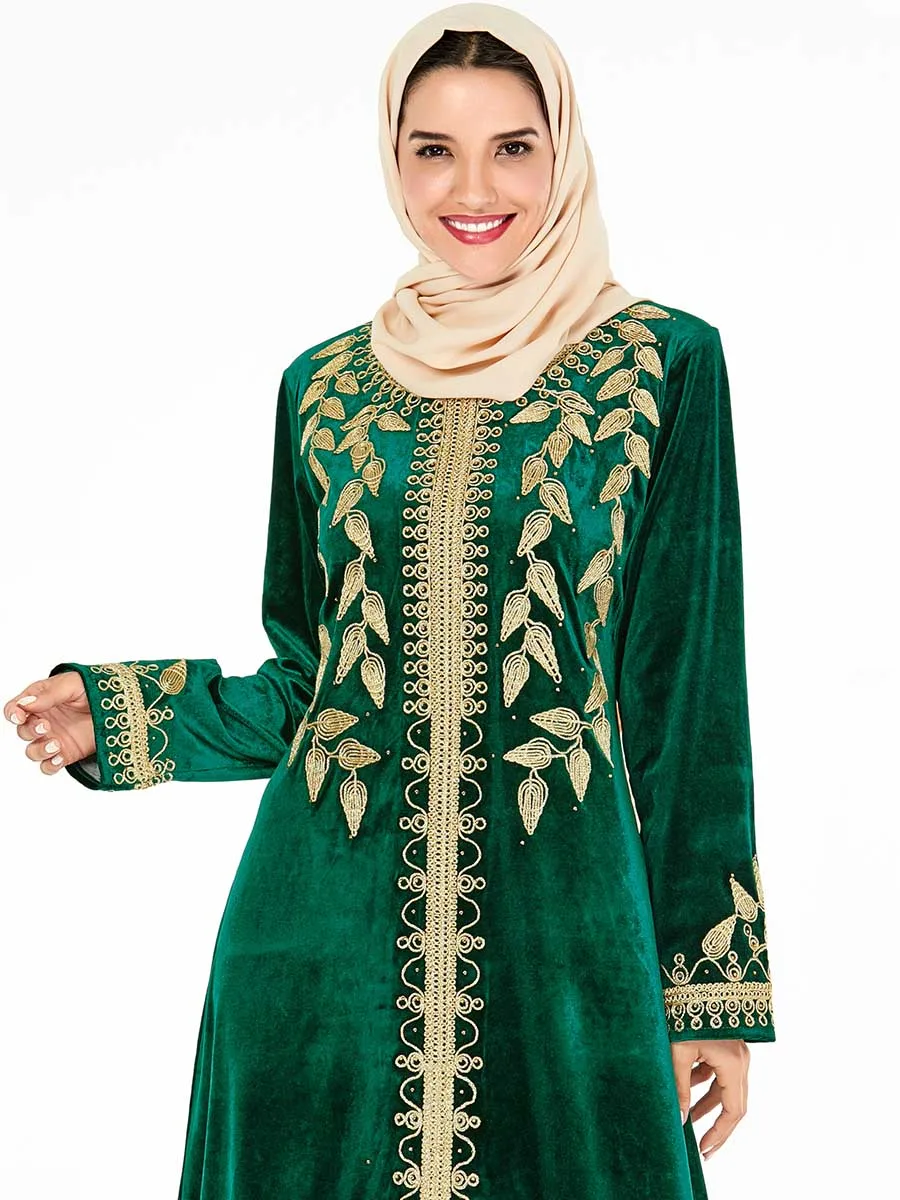BNSQ женские макси платья утолщение бархат с длинным рукавом премиум Золото Вышивка Этническая зимняя одежда женское стильное платье арабский abaya