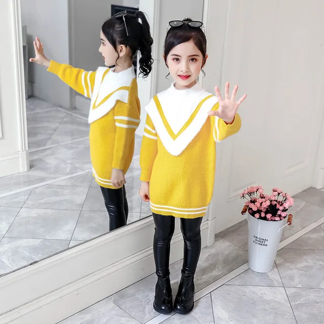 yellow Rlyaeiz/свитер для девочек; вязаная одежда; Новинка г.; зимний цветной свитер в стиле пэчворк с высоким воротом для девочек; вязаный пуловер; свитер; Возраст От 4 до 13 лет - Цвет: yellow