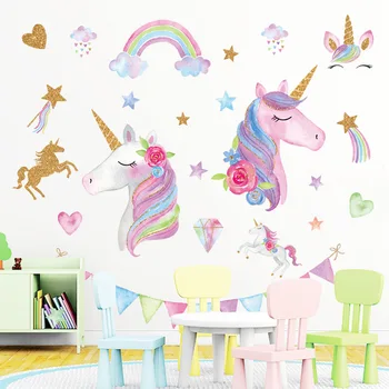 

Cartoon Unicorn Rainbow Wall Stickers for Kids room Kindergarten Girls room Decor Eco-friendly Wall Decals Art Home Decor
