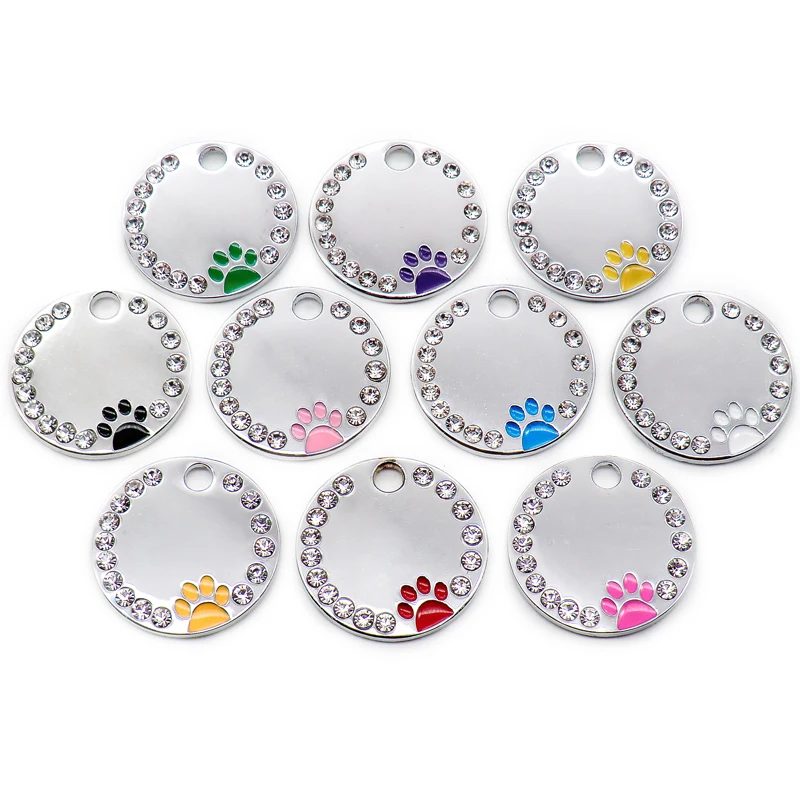 Wholesale Rhinestone Pawstrip Blank Dog ID Tag dog tags necklace Paw Puppy Dog Collar Pendant Customized Dog Tag Collar Cat Tags