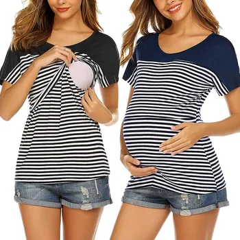 

Women Maternity Short Sleeve Striped Layer Nursing T-shirt Top For Breastfeeding For Pregnant Women Mama Pregnant Womens clothes