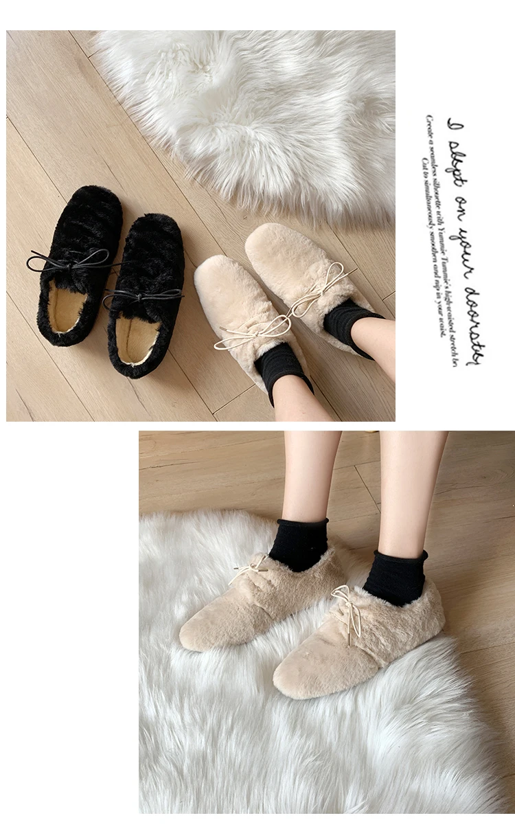 Solid brief furry shoes woman lace-up comfy flats velvet plush warm loafers femme round toe moccasins brand korean lazy footwear