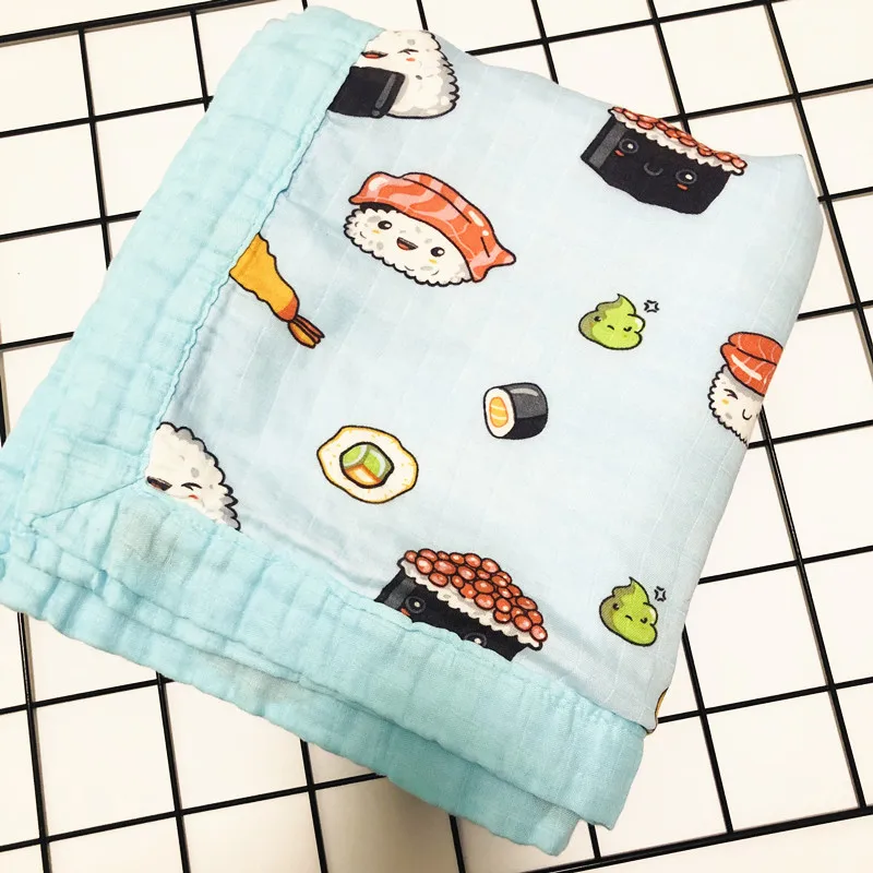 4 слоя 125*125 см детское одеяло для новорожденных бамбуковая хлопковая муслиновая пеленка обертывание одеяло зимнее детское постельное белье простыня банное полотенце - Цвет: Blue Sushi