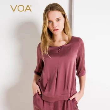 

VOA light purple round collar five sleeve button decoration soft comfort home silk T-shirt BJ1882