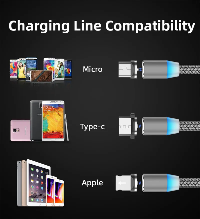 Tkey 1 м/2 м USB кабель тип-c светодиодный светильник Магнитный кабель лилон Плетеный Микро магнит зарядное устройство для мобильного телефона для iphone Xr samsung S10