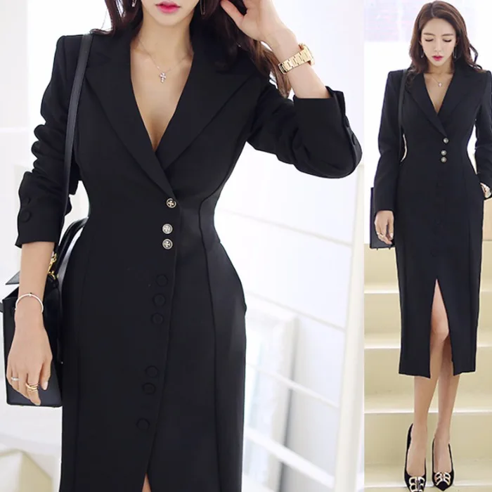 Buy Best 8jcrI 2019 New Women OL Work Blazer Dress Notched Collar Long Sleeve Single Breasted Business Dress Office Lady Sexy Split Midi Dress