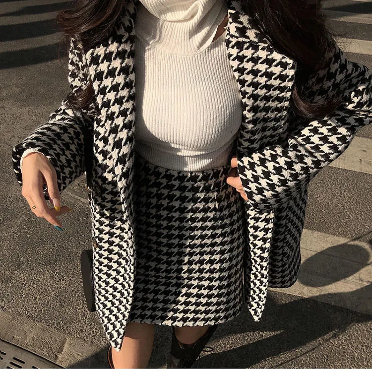 Spring Autumn Two 2 Piece Set Retro Houndstooth Small Fragrance Wind Mid-length Coat High Waist Skirt Women Jackets Elegant Set plus size sweat suits