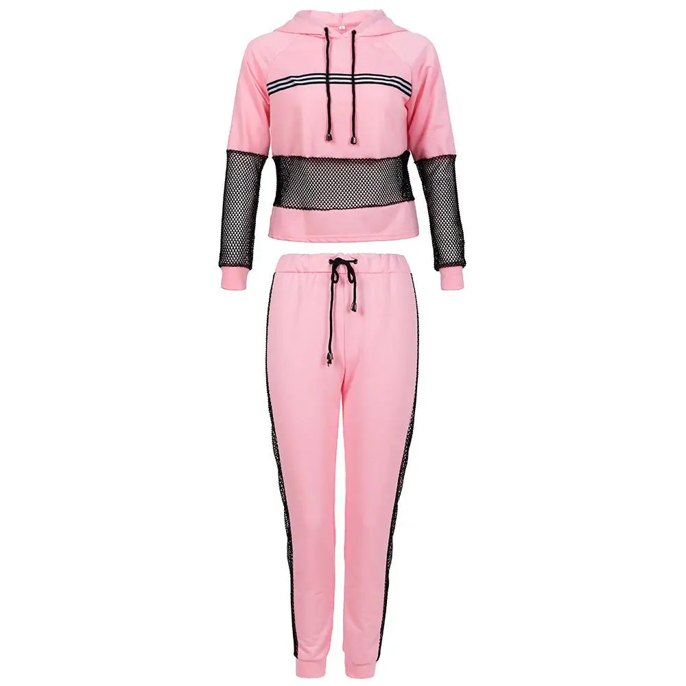 Women Autumn Winter 2 Pcs Running Suits Hooded Mesh Patchwork Pullovers Long Pants Keep Warm Sexy Sports Suits Fitness Jogging - Цвет: Розовый