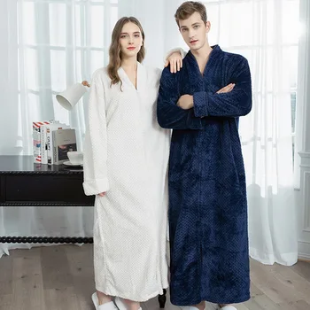

Flannel Bath Robe Pineapple Check Unisex Bathrobe Winter Thicken Long Plus Size Lovers Couples Night Gown Solid Zipper Nightgown