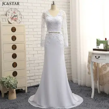 

vestido de novia con mangas encaje new v neck white mermaid bohemian wedding gowns for bride real photo robe de mariee large siz
