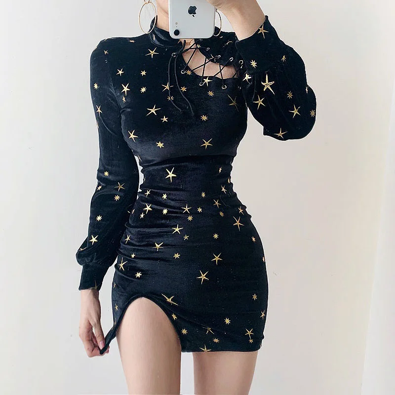 

Spring 2020 Vintage improved cheongsam dress Chinese sexy split package hip velvet dress sky star print long sleeve